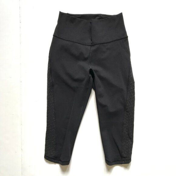 Lululemon Ornate Crop Leggings Womens 6 Black 17" Inseam Eyelet Side Trim Run - Picture 8 of 8